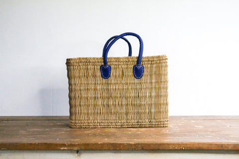 Water Reed Tote with Short Blue Handles