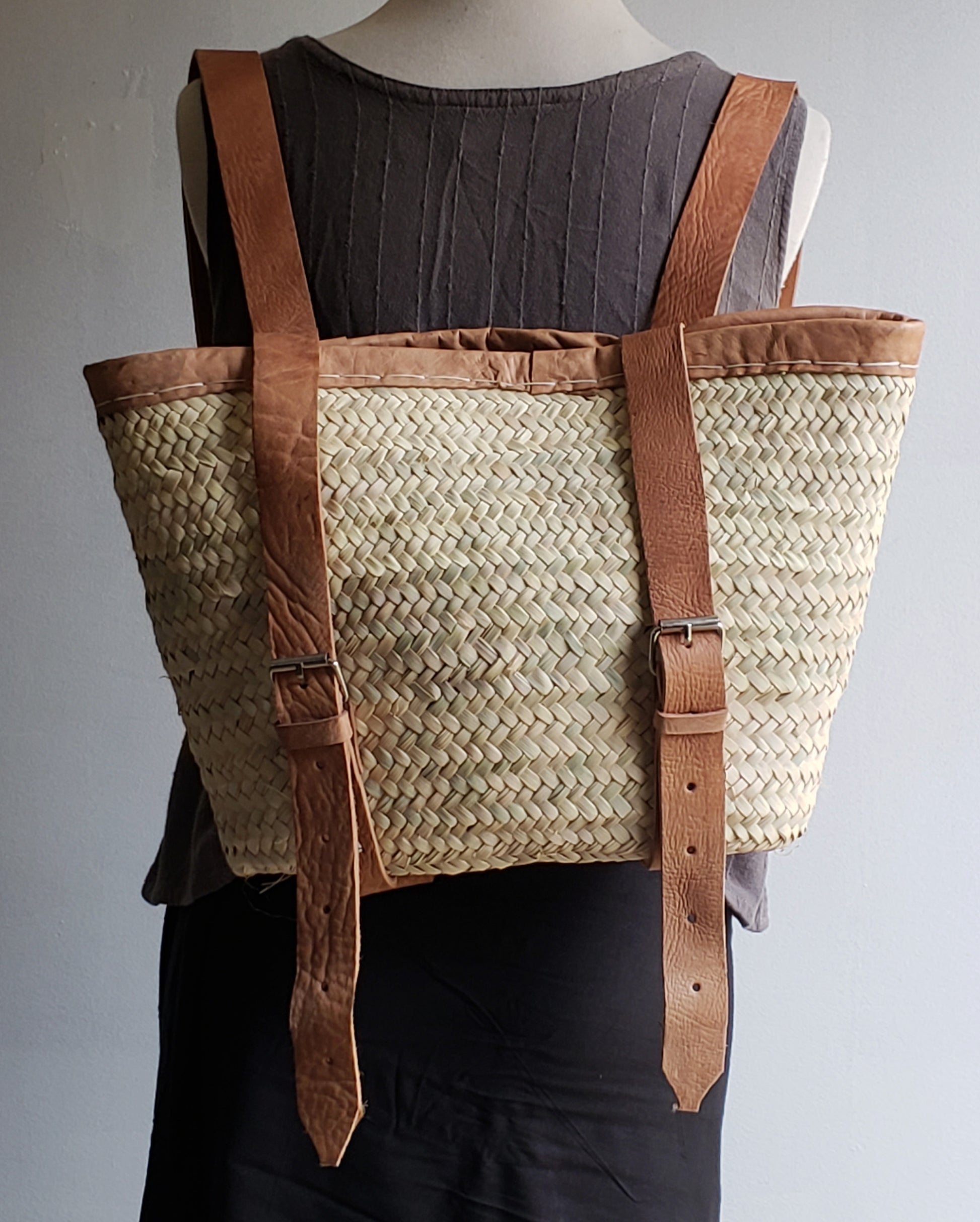 Small Leather Trimmed Backpack, Handwoven in Morocco, with Buckles