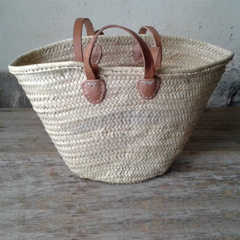 French Market Basket, Handwoven Moroccan Palm Leaf Double Leather